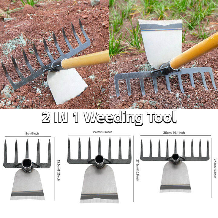 2 IN 1 Grass Removal Hoe Rake Loosening Soil Rake Tool Manual Garden ...