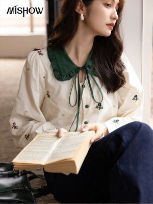 ㍿✼▲ MISHOW Blouses Cotton French Collar Lace-up Puff Sleeves Embroidery Shirts New In Female MXB33C0546