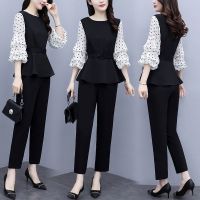 COD DSFGERRTYTRRE 【2PC Set】plus Size Women Suit Polka dot puff sleeve Blouse Tops Pants Casual Two-piece Suit