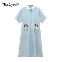 4XL Plus Size Women Denim Long Dress Summer 2021 Peter Pan Colar Short Sleeve Cute Cartoon Cat Embroidery Pocket Jean Dresses