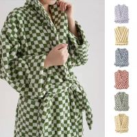 【DT】hot！ Checkerboard Cotton Bathrobe Robe Soft Sleepwear Kimono Warm Robes Coat Homewear