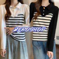 Zero shop?พร้อมส่ง? (Zero-B267) เสื้อเย็บติดกัน ผ้าชีฟองครึ่งบน ครึ่งล่างไหมพรมลายทาง สไตล์เกาหลี -C