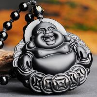 ZZOOI Natural Black Obsidian Money Buddha Jade Pendant Necklace Chinese Hand-Carved Fashion Jewelry Accessories Amulet for Men Women