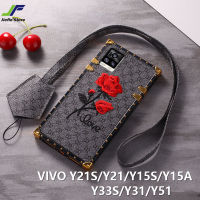 JieFie เคสลายดอกกุหลาบสำหรับ VIVO,เคสโทรศัพท์ทรงสี่เหลี่ยมชุบโครเมียมหนังหรูหราสำหรับรุ่น VIVO Y21S / Y21T / Y21A / Y15S / Y15A / Y01 / Y33S / Y33T / Y53S / Y21 / Y31 / Y51