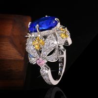 Vintage Jewelry Luxury Big Sapphire 925 Sterling Silver Rings for Women Elegant Flower Engagement Wedding Band Anniversary Rings