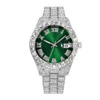 ใหม่นาฬิกาข้อมือผู้ชาย Rhinestone Rhinestone Roman Meter Calendar Hip Hop Mens Golden Watch Green Full Diamond Women Watch hot