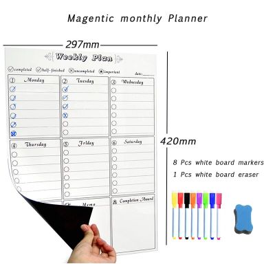 Dry Erase Board Magnetic Weekly&amp;Monthly Planner Calendar Template Erasable Markers Fridge Kids Message Memo Teaching Door board