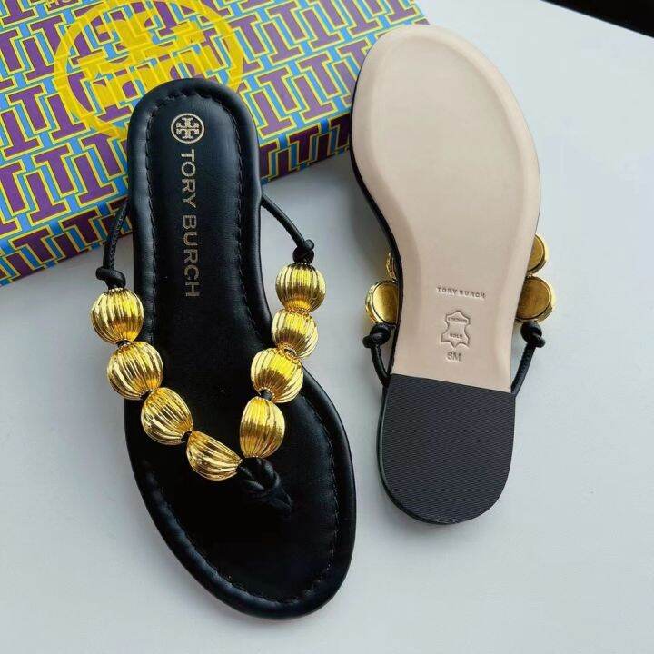 2023-new-tory-burch-capri-series-two-colors-beaded-leather-flat-flip-flops