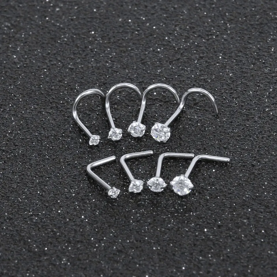 8/10 Pcs/lot 20G Nose Rings Stainless Steel Nose Screw Studs L-shape Nose  Studs Clear Crystals Nose Nostril Piercing Body Piercing Jewelry