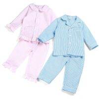 ZZOOI 100% cotton spring and summer seersucker kids pajamas long sleeve stripe boutique home sleepwear 12m-12years