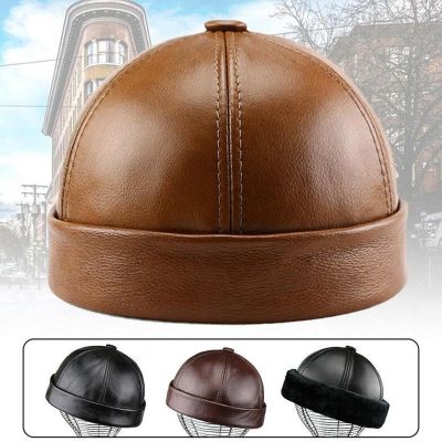 1Pc Mens Vintage Genuine Leather Beanie Hat Autumn Winter Velvet Warm Brimless Hats Bonnet Dad Caps Retro Landlord Hat Skullcap