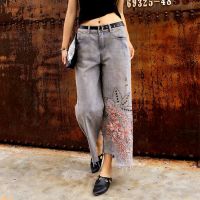 New Embroidery Floral Appliques Summer Womens Denim Jeans Straight High Street Jeans Bottom Hairs Jeans Feminino Trousers NZ26