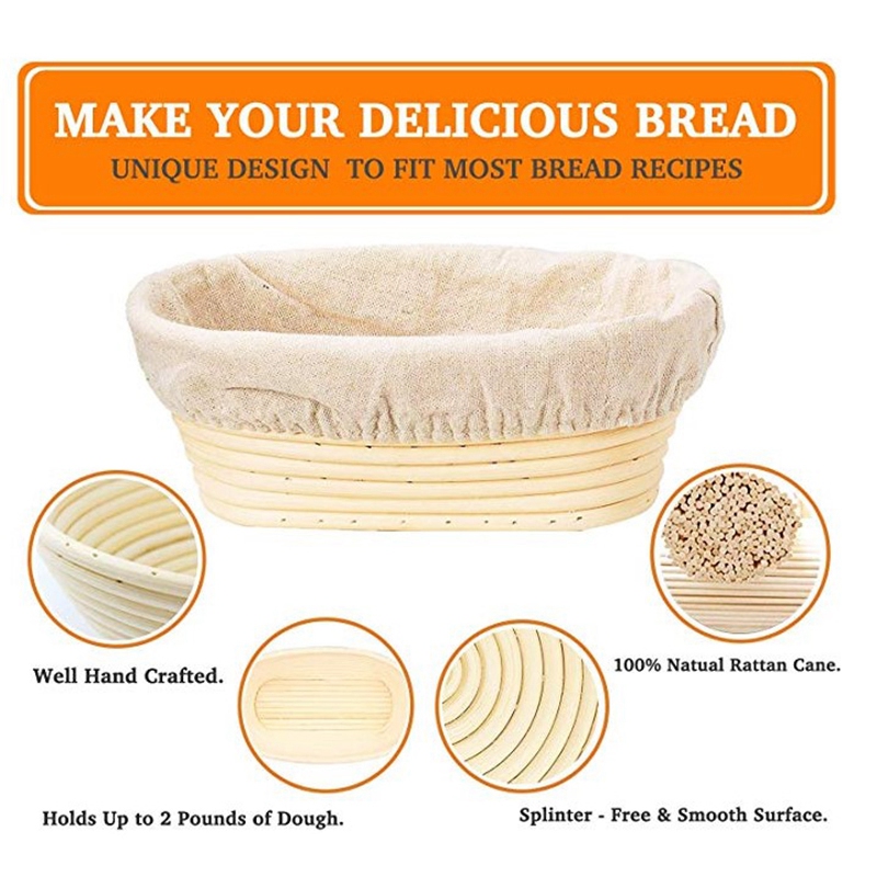 Monland 2 Packs 10 Inch Oval Shaped Bread Proofing Basket Baking Dough Bowl Gifts for Bakers Proving Baskets for Sourdough Bread Slashing Scraper Tool Starter Jar Proofing 