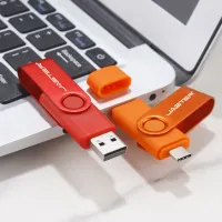 TYPE-C แฟลชไดร์ฟ USB OTG 64GB โลโก้ที่กำหนดเองฟรีหน่วยความจำหมุนได้สีส้มไดร์ฟปากกาเพนไดรฟ์สีดำ32GB สำหรับโทรศัพท์มือถือ8G