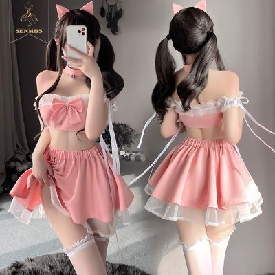 SENMHS Cute Cat Cosplay Womens Lingerie Babydoll Maid Skirt Schoolgirl Sexy Costume Temptation Hollow Out Tops Exotic Nightwear