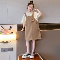 【Ready】? Girls suspender dress 2023 summer new western style childrens trendy summer dress girl big boy loose fake two-piece skirt