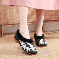 Veowalk Winter Women Warn Fur Cotton Flat Shoes Ladies Comfort Casual Slip On Flats Retro Chinese Flower Embroidered Shoes