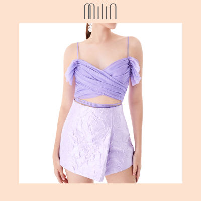 [MILIN]  A line jacquard draped front high waist shorts กางเกงขาสั้นเอวสูง ทรงเอ ผ้าทอลายคลื่น แต่งชิ้นพับด้านหน้า Salines Shorts สีชมพู/ สีม่วง Pink/ Purple