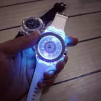 「Dark blue watch」Geneva นาฬิกาควอตซ์ไฟ LED ผู้ชาย,นาฬิกาข้อมือซิลิโคน