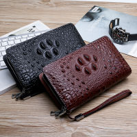 Mens Day Clutch Double Zippers Long Wallet Crocodile Pattern Business Purse Male Big Capacity Handbag, Black &amp; Brown