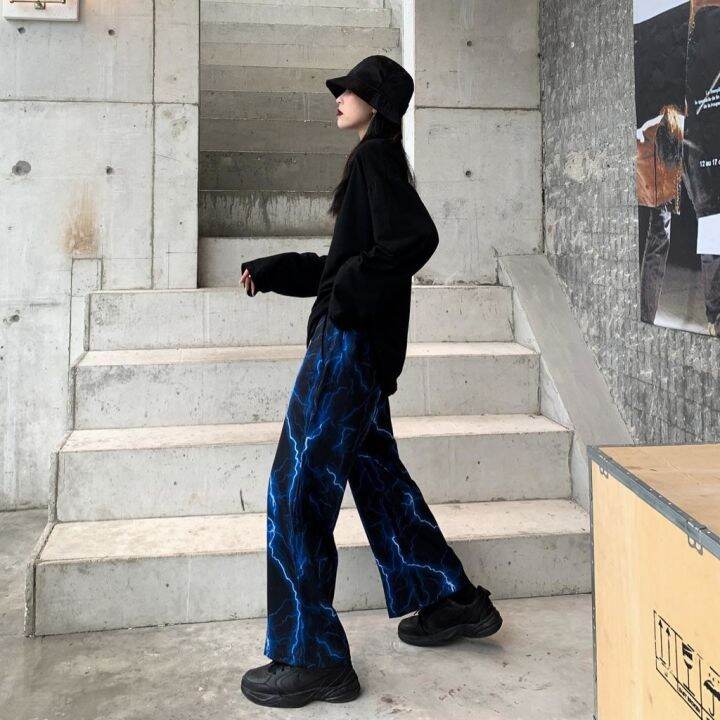 tthouse-ready-stock-summer-lightning-printed-high-waist-wide-leg-pants-straight-leg-casual-pants-for-men-and-women-korean-style-ins-harajuku-bf-wind-pants-uni-pants-seluar-lelaki-seluar-lurus-kasual-w