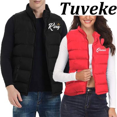 ZZOOI Tuveke Autumn and Winter Latest KING QUEEN Print Couple Sleeveless Couple Zipper Down Jacket Vest Solid Color Inflatable Vest
