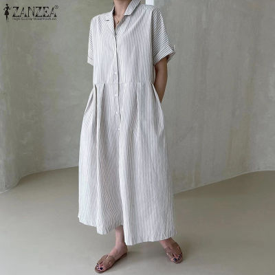 (สินค้ามาใหม่)(จัดส่งฟรี)Fancystyle ZANZEA เสื้อแขนสั้นลำบองพิมพ์ลายทางชุดมีปกคอเสื้อของผู้หญิง #8