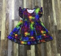 Childrens Summer boutique clothing fashion girl tie-dye star sky pattern three-layer lace short sleeve dress 11