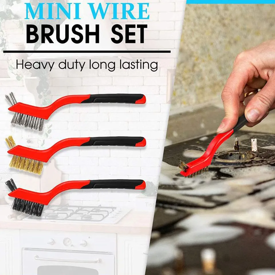 Wire Brush, 3pcs Stove Cleaning Brush + 1pc Scraper Tool Set Deep Cleaning Nylon/Brass/Stainless Steel Bristles with Curved Handle Grip for Rust