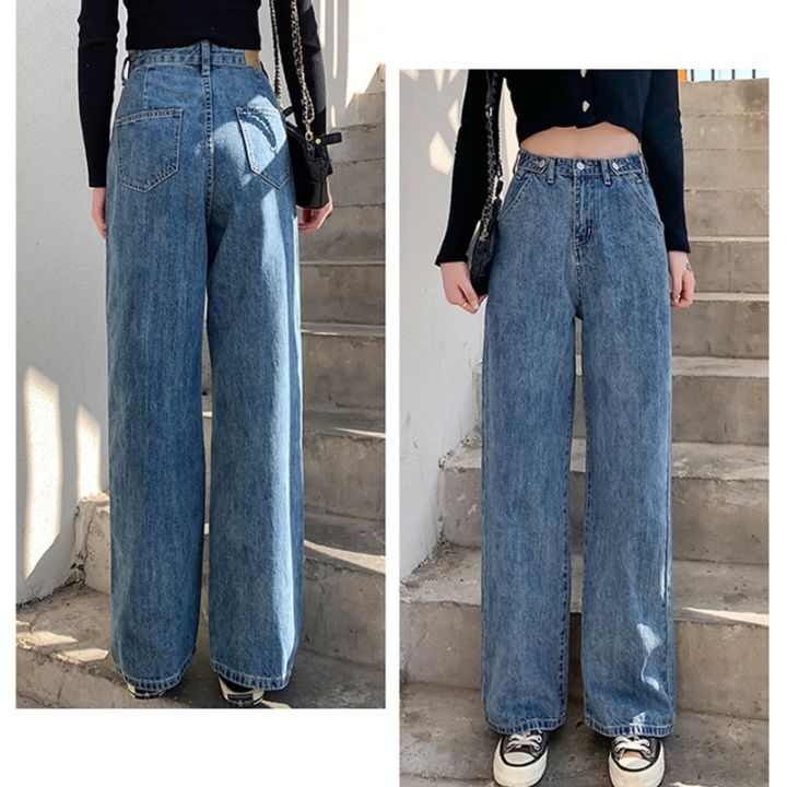 กางเกงยีนส์สตรี-street-กางเกงเอวสูงผ้าฝ้ายสีอ่อนแฟชั่นเกาหลีกางเกงยีนส์หลวมหัวเข็มขัดโลหะขากว้าง-y2k-กางเกงยีนส์หญิง