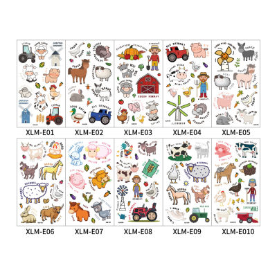 【CW】10pcsbag Farm Party Supplies Temporary Tattoos Kids Stickers Barnyard Animals ting Zoo Cow Horse Tractor Trailer Sheep