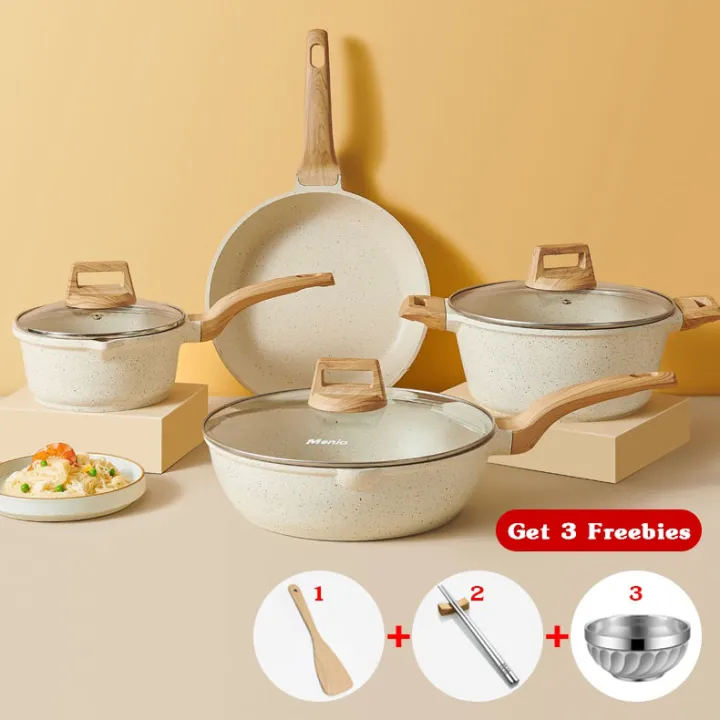 4Pieces Non Stick Cookware Set Wok milk Pot frying Pan Maifan Stone ...