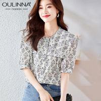 OULINNA เสื้อชีฟองผู้หญิงแขนสี่ส่วนสไตล์ญี่ปุ่น,เสื้อเชิ้ตลายดอกฝ้ายลินินเก๋ไก๋ฤดูร้อนแขนพองเสื้อสตรีแบบบาง