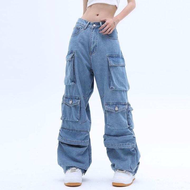 กางเกงยีนส์สีทึบมีกระเป๋าสำหรับผู้หญิง-กางเกงยีนส์ขาบานย้อนยุคแนวสตรีท-y2k-กางเกงยีนส์สตรี