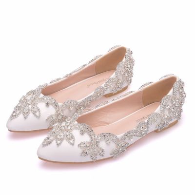 Big yards flat diamond bride shoes pointed wedding shoes with flat glass slipper dress shoes flat shoes female