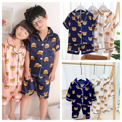 【Superseller】Baby Kids Boys Girls Cartoon Bear Print Outfits Set Short Sleeve Blouse Tops+Shorts Sleepwear 0-4 Years Old