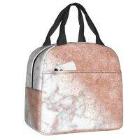 ✲ Custom Elegant Faux Rose Gold Confetti White Marble Lunch Bag Women Warm Cooler Insulated Lunch Box for Kids School Children