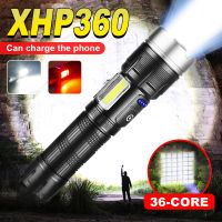 【การจัดส่งในประเทศไทย】XHP360 ไฟฉายแรงสูง ไฟฉาย 5000000LM The Most Powerful USB Zoomable Led+COB Flashlight อลูมิเนียมอัลลอยด์ With 1*26650 battery 5000mAh ไฟฉายเดินป่า Tactical Flash Light Torch