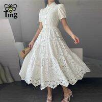 Tingfly วินเทจผู้หญิงที่สง่างามฤดูร้อนเย็บปักถักร้อยกลวงออก Midi ชุดยาวเลดี้ Boho สาย Vestidos Elbise Frocks Vestidos Za - ขายดีที่สุด fgjre335 ขายดีที่สุด - /335