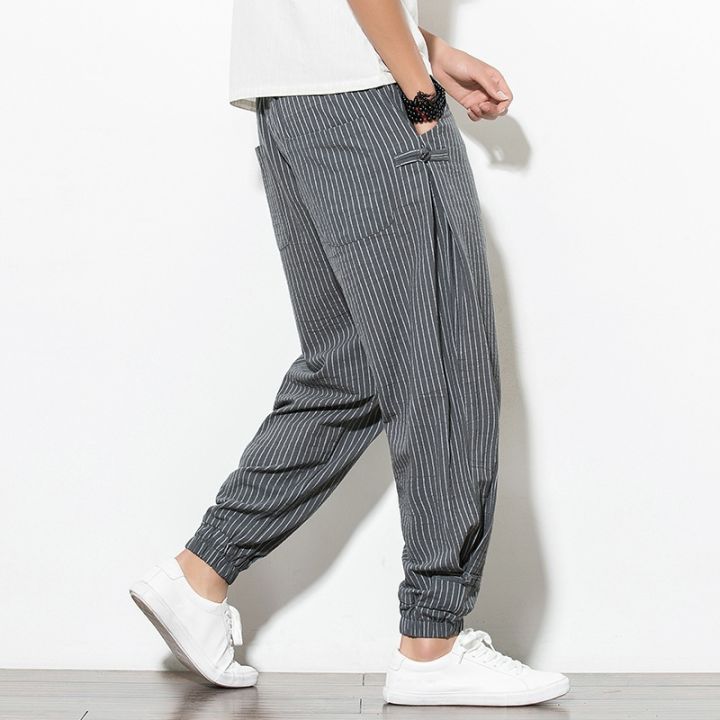 cod-mens-spring-and-summer-thin-breathable-linen-vertical-stripes-trousers-loose-plus-size-harem