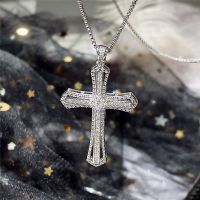 Huitan Hip Hop Cross Necklace for Women with Dazzling CZ Stone Luxury Silver Color Cool Neck Accessories Party Trendy Jewelry Fashion Chain Necklaces