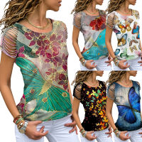 Vintage Summer Women 3D Butterfly Print Short Sleeve Top Loose O-Neck Cut Out Shoulder Elegant Fashion T Shirt Camisetas Mujer