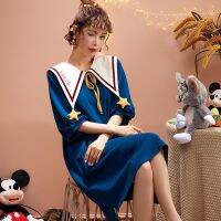 COD DSFGRETGRYTWE ชุดนอนสาวฤดูร้อนผ้าฝ้ายบาง PAJAMA ลมเจ้าหญิงใหญ่ญี่ปุ่นหวานและน่ารักกองทัพเรือลม