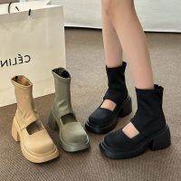 【Ready】? hoow s for women 23 summer new thick-soled fly- brele slim short boots tile high-top shoes