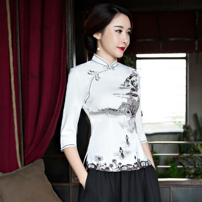 เสื้อแฟชั่นสไตล์จีนสำหรับผู้หญิง,เสื้อเบลาส์คอจีนคอจีน S-XXXL สั้นเดรสกี่เพ้าไซส์สำหรับชุดกี่เพ้าฤดูร้อน