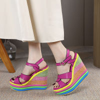 【ready stock】New Europe and the United States wedge fishmouth sandals womens buckles plus size womens shoes 34-43