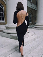 [COD]Hugcitar สีดำแขนยาว Backless Slips เซ็กซี่ Elegant Bodycon Maxi Prom Dress 2022ฤดูใบไม้ร่วงผู้หญิงชุดราตรีวันเกิด Y2K ชุด