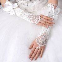 □◊ 1pair Bride Gloves Wedding Hook Finger Small Flower Bow Diamond Long Satin Embroidery Fingerless Small Flower Lace Hollow Sleeve