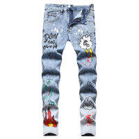 COOL West Coast Hip Hop Style in Europe and America, Multi color Print, Hole Patch, Slim Fit, Elastic Stir Fried Snowflake Small Straight Leg Jeans