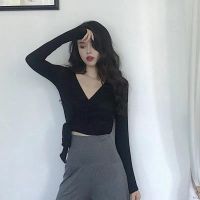 Casual Women Shirt y Slim V-neck Solid Long Sleeve Crop Tops